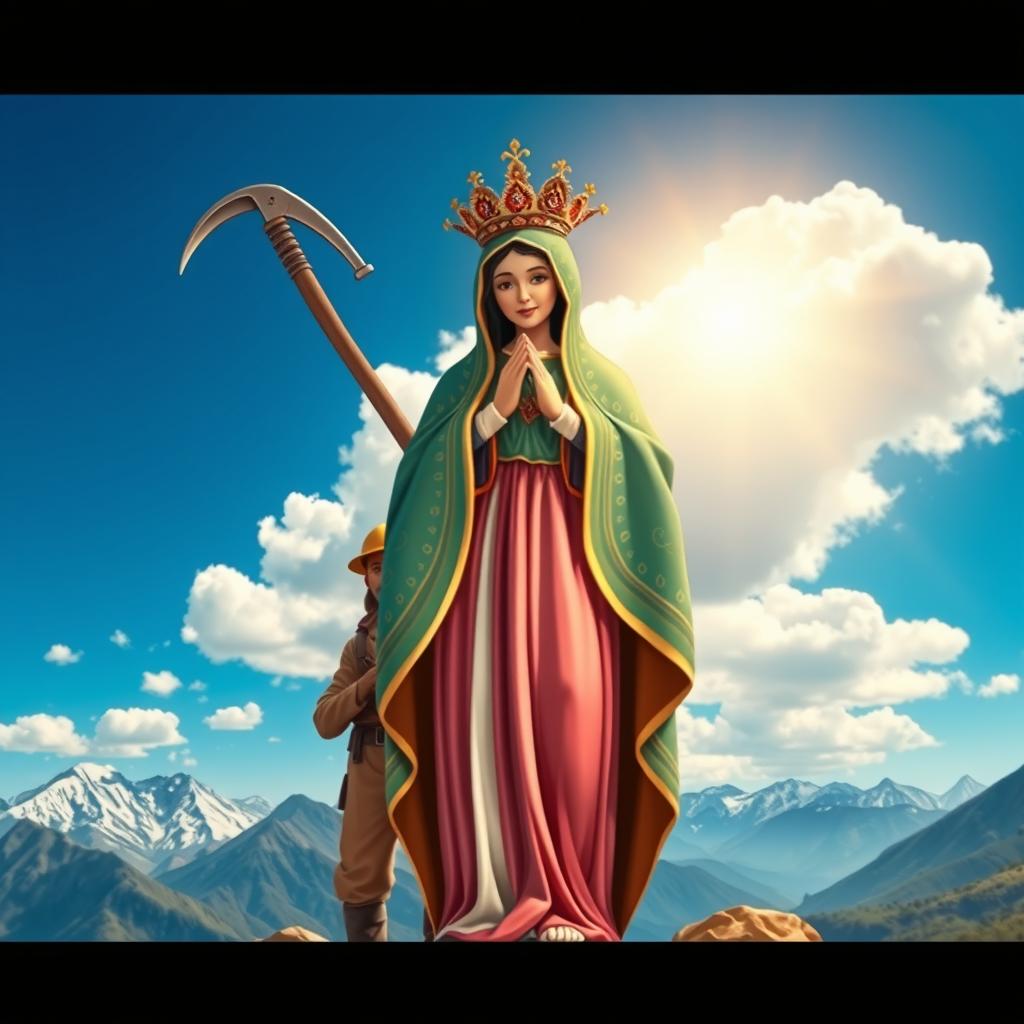 A stunning depiction of the Virgen de Urkupiña delicately illustrated with vibrant colors and intricate details, standing prominently in the foreground