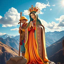 A stunning depiction of the Virgen de Urkupiña delicately illustrated with vibrant colors and intricate details, standing prominently in the foreground