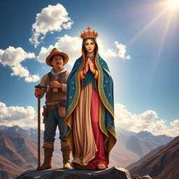 A stunning depiction of the Virgen de Urkupiña delicately illustrated with vibrant colors and intricate details, standing prominently in the foreground