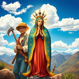 A stunning depiction of the Virgen de Urkupiña delicately illustrated with vibrant colors and intricate details, standing prominently in the foreground