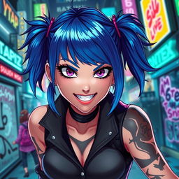 A dynamic portrait of a stylish and confident female character with vibrant blue hair pulled into pigtails, wearing a unique outfit with hints of punk and cyberpunk styles, featuring a mix of dark and neon colors