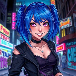 A dynamic portrait of a stylish and confident female character with vibrant blue hair pulled into pigtails, wearing a unique outfit with hints of punk and cyberpunk styles, featuring a mix of dark and neon colors