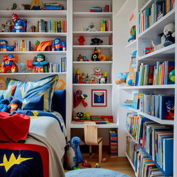 A meticulously organized boy's bedroom with vibrant colors. It contains a cozy bed, a wooden study table, bookshelves filled with books and toys, and posters on the walls from his favorite superhero movies.