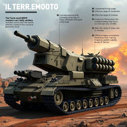 A detailed concept for 'Il Terremoto', a self-propelled artillery system designed as a modern alternative to the massive railway guns like 'Dora'