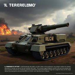 A detailed concept for 'Il Terremoto', a self-propelled artillery system designed as a modern alternative to the massive railway guns like 'Dora'