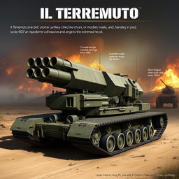A detailed concept for 'Il Terremoto', a self-propelled artillery system designed as a modern alternative to the massive railway guns like 'Dora'