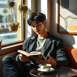 A handsome young man resembling Park Jimin, with flawless skin and dark hair styled elegantly, is sitting comfortably in a cozy corner of a trendy cafe