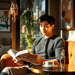 A handsome young man resembling Park Jimin, with flawless skin and dark hair styled elegantly, is sitting comfortably in a cozy corner of a trendy cafe