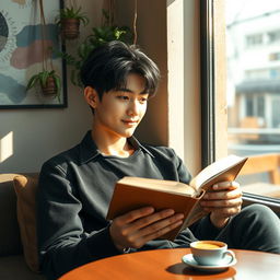 A handsome young man resembling Park Jimin, with flawless skin and dark hair styled elegantly, is sitting comfortably in a cozy corner of a trendy cafe