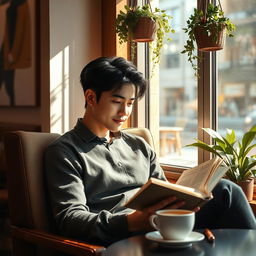 A handsome young man resembling Park Jimin, with flawless skin and dark hair styled elegantly, is sitting comfortably in a cozy corner of a trendy cafe