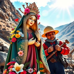 A vibrant and spiritual representation of the Virgen de Urkupiña, adorned with traditional Bolivian garments and surrounded by beautiful flowers, set against a scenic backdrop showcasing a Bolivian miner in traditional attire