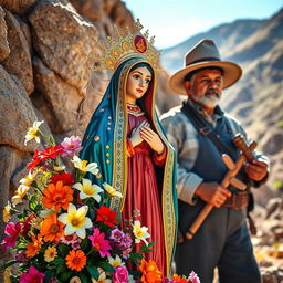 A vibrant and spiritual representation of the Virgen de Urkupiña, adorned with traditional Bolivian garments and surrounded by beautiful flowers, set against a scenic backdrop showcasing a Bolivian miner in traditional attire