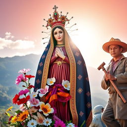A vibrant and spiritual representation of the Virgen de Urkupiña, adorned with traditional Bolivian garments and surrounded by beautiful flowers, set against a scenic backdrop showcasing a Bolivian miner in traditional attire