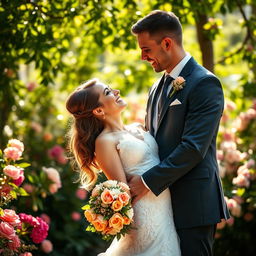 A romantic scene of a married couple embracing in a sunlit garden filled with blooming flowers