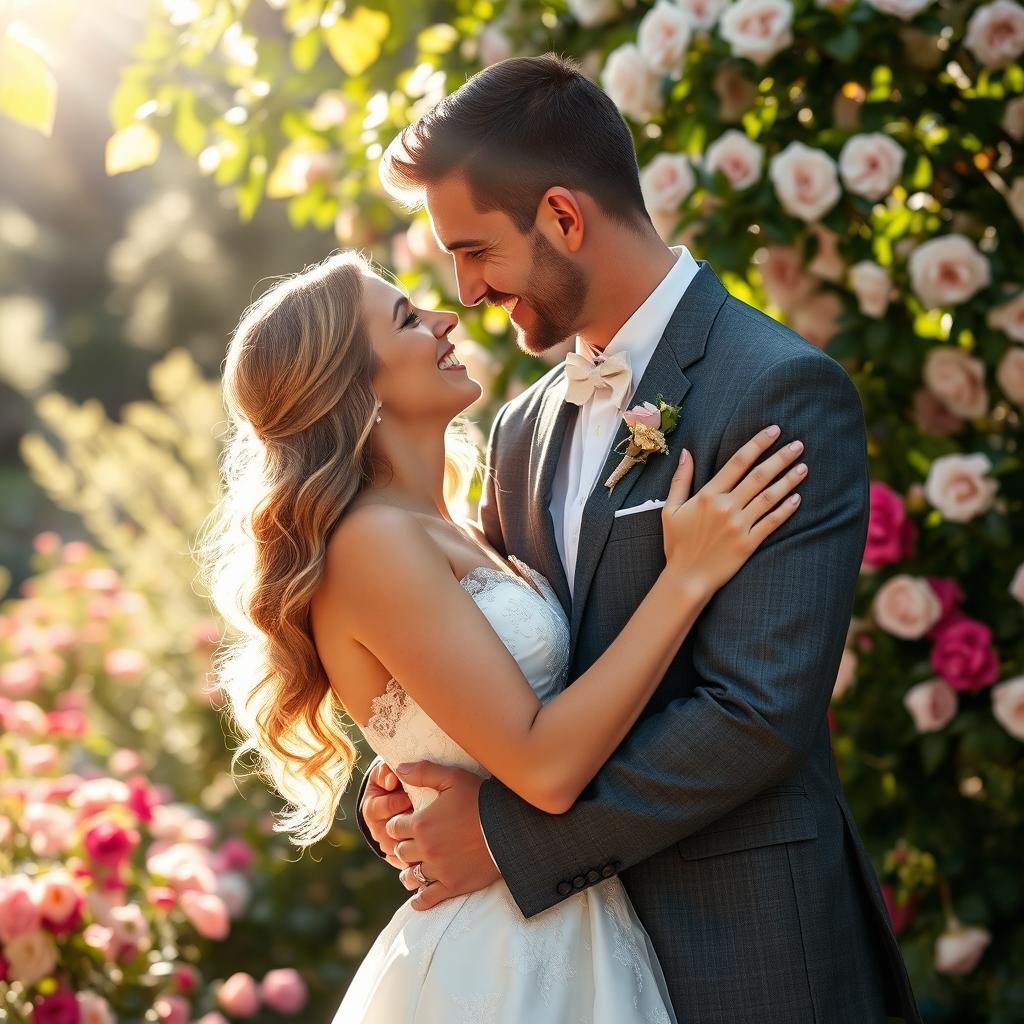 A romantic scene of a married couple embracing in a sunlit garden filled with blooming flowers