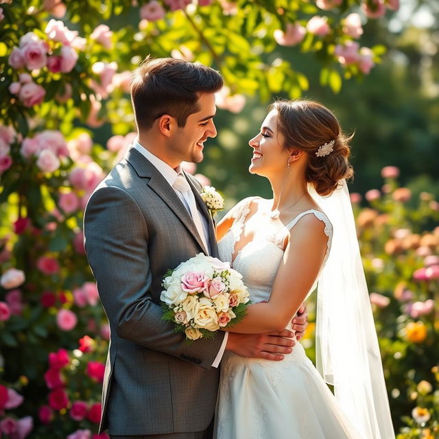 A romantic scene of a married couple embracing in a sunlit garden filled with blooming flowers