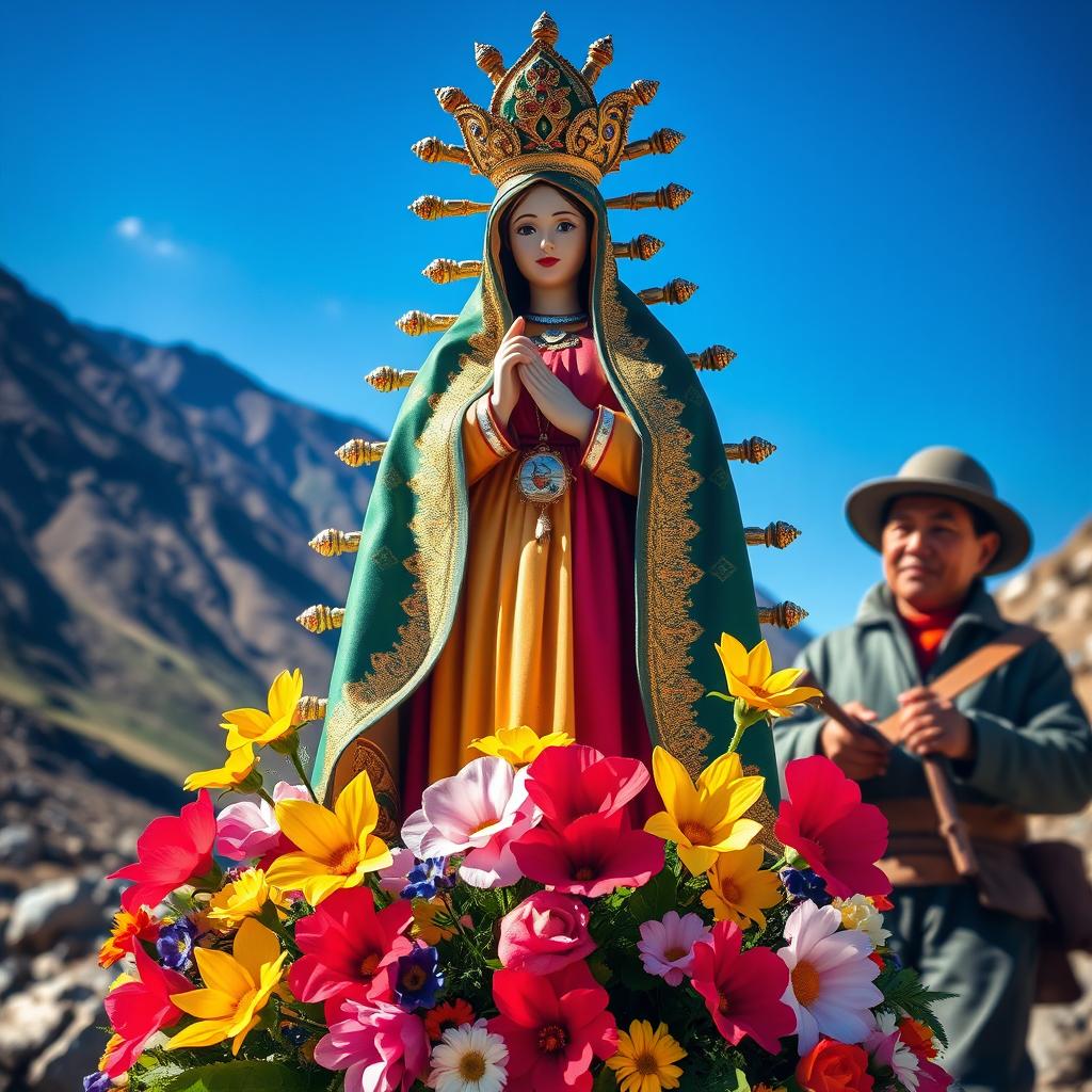 A vibrant and spiritual representation of the Virgen de Urkupiña, adorned with traditional Bolivian garments and surrounded by beautiful flowers, set against a scenic backdrop showcasing a Bolivian miner in traditional attire