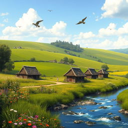 A picturesque rural village scene featuring lush green fields stretching into the background, a gently flowing river nearby reflecting the blue sky, and small, cozy huts with thatched roofs amidst vibrant wildflowers