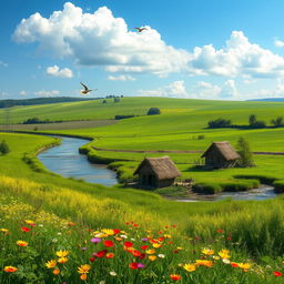 A picturesque rural village scene featuring lush green fields stretching into the background, a gently flowing river nearby reflecting the blue sky, and small, cozy huts with thatched roofs amidst vibrant wildflowers