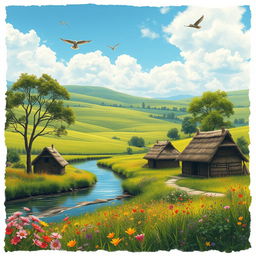 A picturesque rural village scene featuring lush green fields stretching into the background, a gently flowing river nearby reflecting the blue sky, and small, cozy huts with thatched roofs amidst vibrant wildflowers