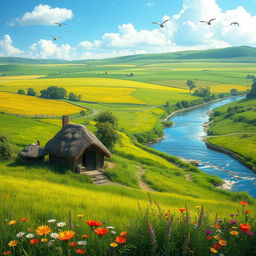 A picturesque rural village scene featuring lush green fields stretching into the background, a gently flowing river nearby reflecting the blue sky, and small, cozy huts with thatched roofs amidst vibrant wildflowers