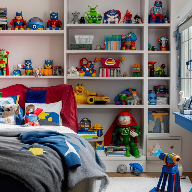 A meticulously organized boy's bedroom with vibrant colors. It contains a cozy bed, a wooden study table, bookshelves filled with books and toys, and posters on the walls from his favorite superhero movies.