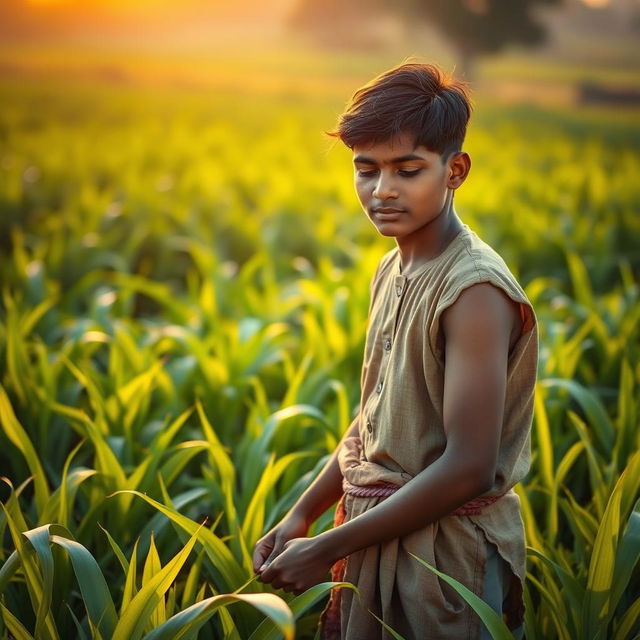 A hardworking young man named Aditya, wearing a simple traditional outfit, diligently working in lush green fields under the warm golden sunlight