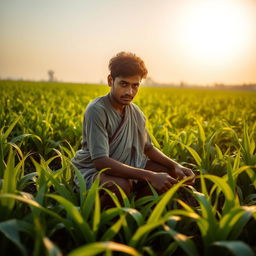 A hardworking young man named Aditya, wearing a simple traditional outfit, diligently working in lush green fields under the warm golden sunlight