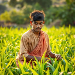 A hardworking young man named Aditya, wearing a simple traditional outfit, diligently working in lush green fields under the warm golden sunlight