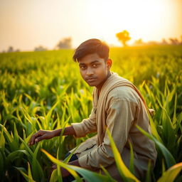 A hardworking young man named Aditya, wearing a simple traditional outfit, diligently working in lush green fields under the warm golden sunlight