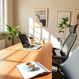 A clean, modern workspace featuring a sleek wooden desk with a stylish laptop, a neatly arranged organizer with colorful stationery, and a vibrant green plant in a ceramic pot