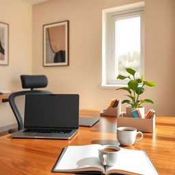 A clean, modern workspace featuring a sleek wooden desk with a stylish laptop, a neatly arranged organizer with colorful stationery, and a vibrant green plant in a ceramic pot