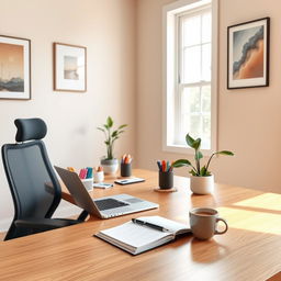 A clean, modern workspace featuring a sleek wooden desk with a stylish laptop, a neatly arranged organizer with colorful stationery, and a vibrant green plant in a ceramic pot