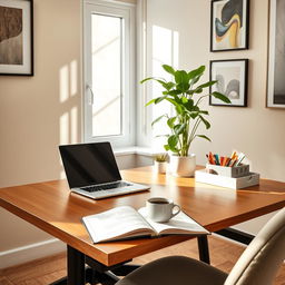 A clean, modern workspace featuring a sleek wooden desk with a stylish laptop, a neatly arranged organizer with colorful stationery, and a vibrant green plant in a ceramic pot