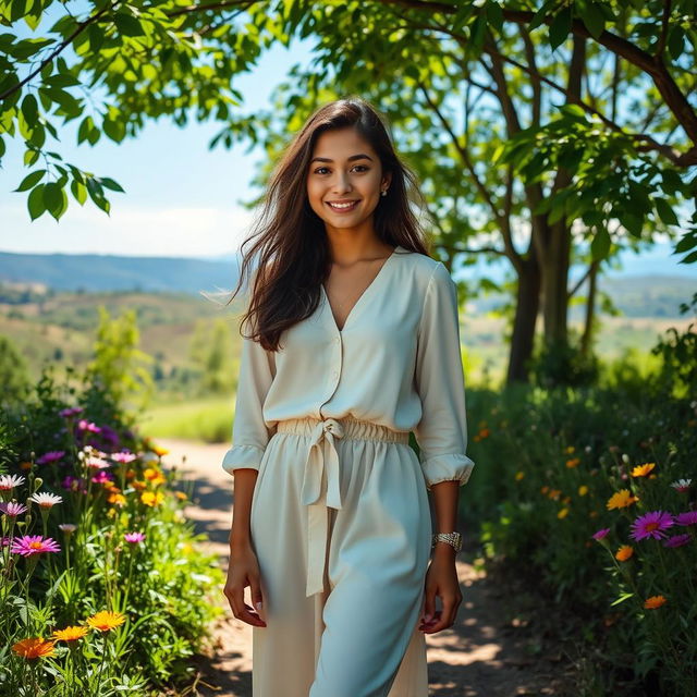 A modern yet humble young woman named Arya, dressed in light, elegant clothes, standing on a dirt path surrounded by lush greenery and vibrant wildflowers