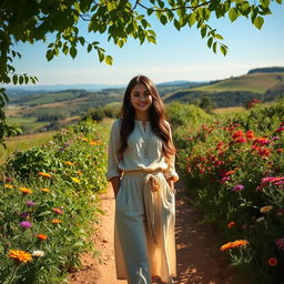 A modern yet humble young woman named Arya, dressed in light, elegant clothes, standing on a dirt path surrounded by lush greenery and vibrant wildflowers