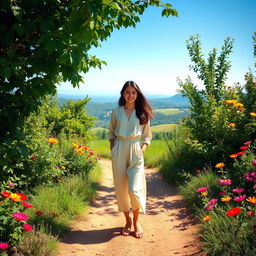 A modern yet humble young woman named Arya, dressed in light, elegant clothes, standing on a dirt path surrounded by lush greenery and vibrant wildflowers