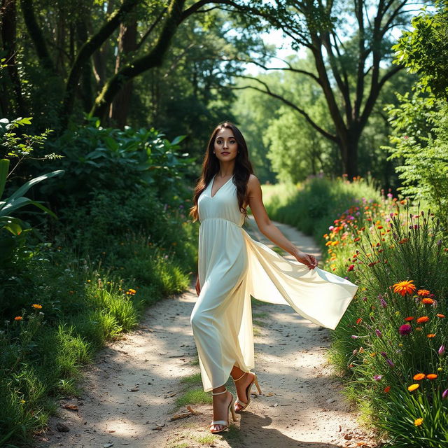 A beautiful woman named Arya, of Mo descent, standing gracefully on a dirt path