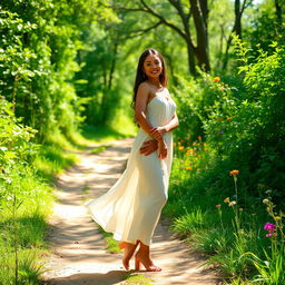 A beautiful woman named Arya, of Mo descent, standing gracefully on a dirt path
