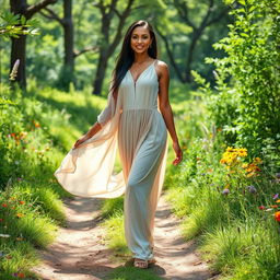 A beautiful woman named Arya, of Mo descent, standing gracefully on a dirt path