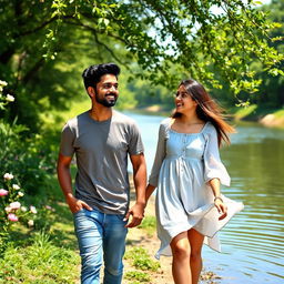 Aditya and Arya walking together along a serene riverbank, surrounded by lush greenery and blooming flowers