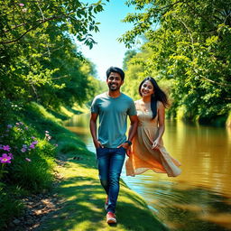 Aditya and Arya walking together along a serene riverbank, surrounded by lush greenery and blooming flowers