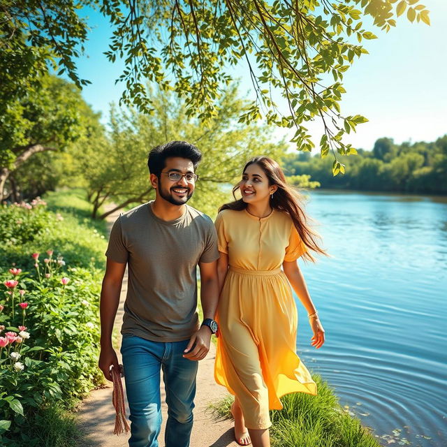 Aditya and Arya walking together along a serene riverbank, surrounded by lush greenery and blooming flowers