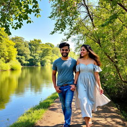 Aditya and Arya walking together along a serene riverbank, surrounded by lush greenery and blooming flowers