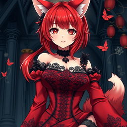 A sexy gothic anime girl depicted as a Kitsune, showcasing striking red shoulder-length hair that enhances her allure