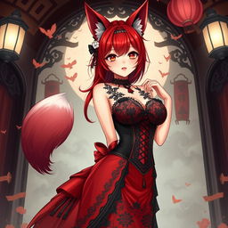 A sexy gothic anime girl depicted as a Kitsune, showcasing striking red shoulder-length hair that enhances her allure