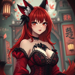 A sexy gothic anime girl depicted as a Kitsune, showcasing striking red shoulder-length hair that enhances her allure