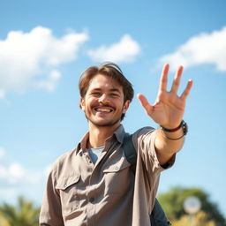 A man in a casual outfit smiling and waving goodbye with one hand