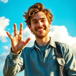 A man in a casual outfit smiling and waving goodbye with one hand