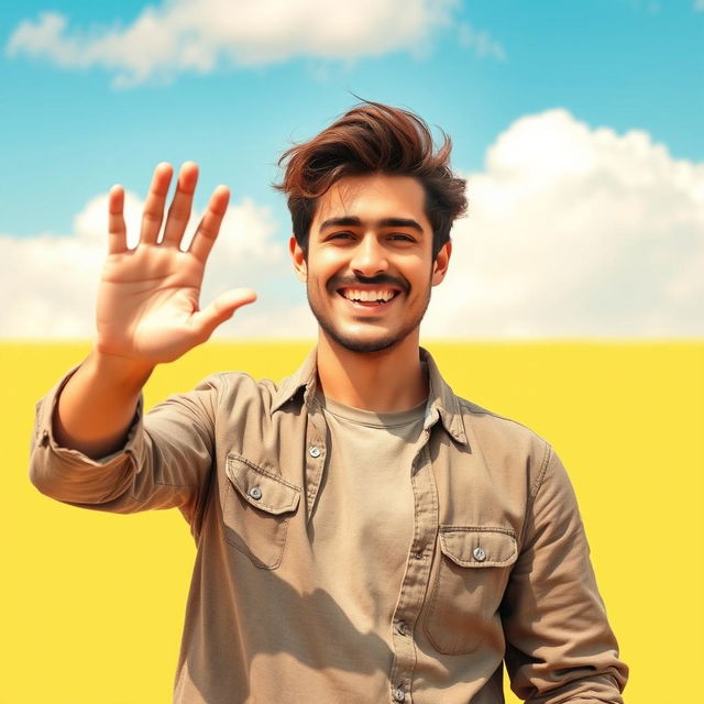 A man in a casual outfit smiling and waving goodbye with one hand